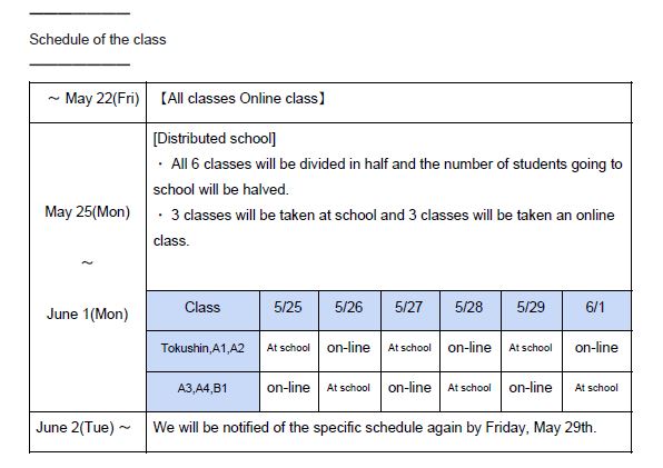 Notice of the resumption of classes at School , Nagano campus 　